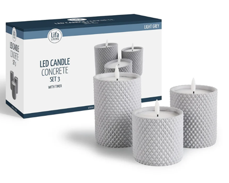 LED kaars set/3 met cement incl. timer kabel lichtgrijs